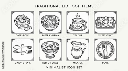 Minimal Eid food icons, dates, sweets, tea, milk, utensils, feast, tradition, joy, unity, blessings