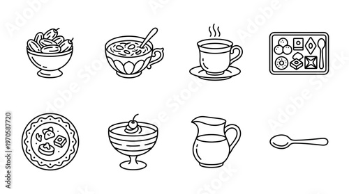 Minimal Eid food icons, dates, sweets, tea, milk, utensils, feast, tradition, joy, unity, blessings