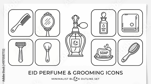 Eid grooming icons, perfume, razor, mirror, towel, soap, hairbrush, hygiene, fragrance, festive care