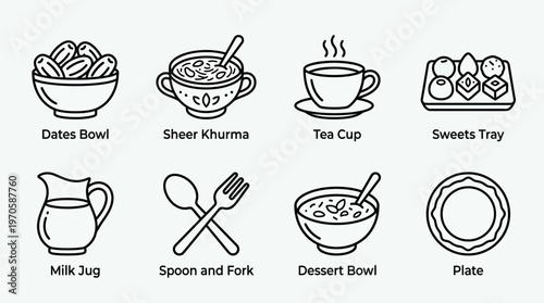 Minimal Eid food icons, dates, sweets, tea, milk, utensils, feast, tradition, joy, unity, blessings