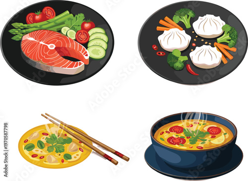 Asian Cuisine Food Illustration Set with Salmon Dish, Dumplings, Noodle Soup and Omelette Plate Vector Collection