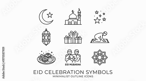 Eid Mubarak icons, crescent, stars, mosque, lantern, gifts, food, prayer, family, unity, joy, blessings