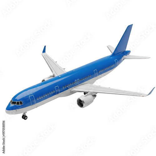 A large blue and white passenger airplane on a white background