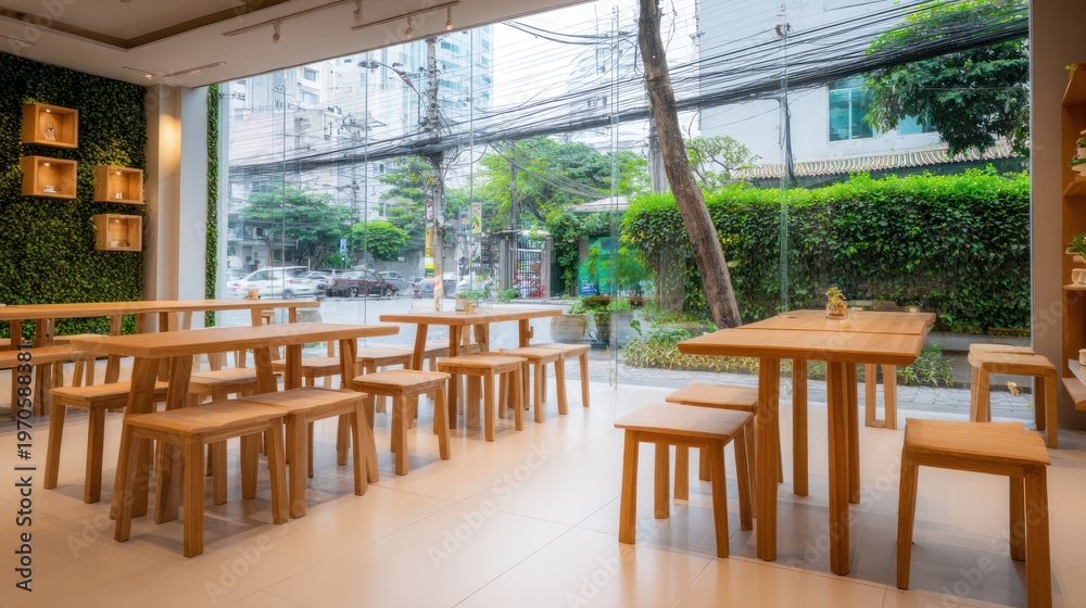 Fototapeta premium Modern Cafe Interior with Wooden Furniture.