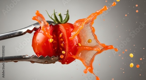 Tomato being squeezed with juice splashing.