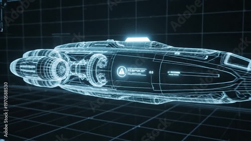 Detailed futuristic vehicle blueprint displayed on a digital interface with technical schematics and data