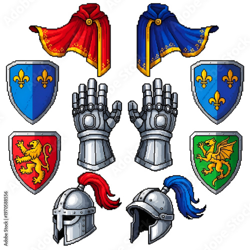Medieval Knight Equipment Pixel Art Set with Shields and Helmets