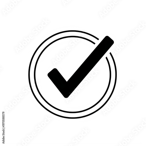 A simple black check mark symbol centered inside a double lined circular frame for design use isolated on white background