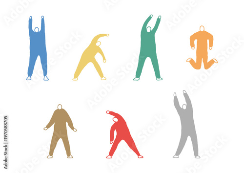ストレッチをして体を伸ばしている人物の手描きイラストセット（カラフル）