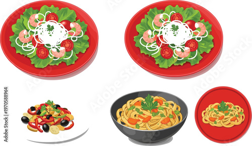 Italian Pasta and Fresh Salad Dishes Illustration Set with Spaghetti, Vegetable Salad and Mediterranean Cuisine Food Vector Collection