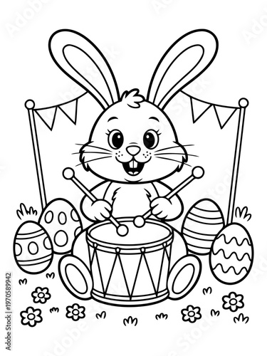Easter Bunny Drumming: A cheerful Easter bunny merrily plays a drum, surrounded by decorated eggs, setting a festive tone for the holiday season.