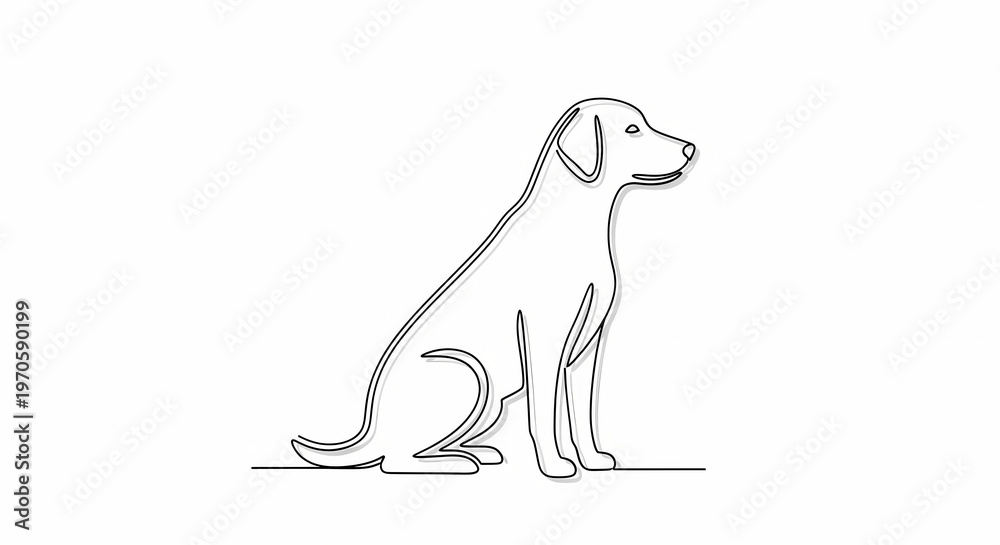 Fototapeta premium A minimalist one continuous line art drawing of a dog sitting calmly in a side profile view on a clean white background, showcasing a simple black and white illustration style.