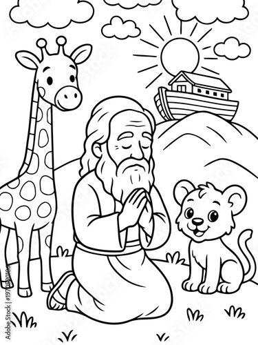 Noah's Ark Illustration: A divine moment is captured with a man praying with animals, against the backdrop of an ark and rising sun, filled with a sense of peace and hope.