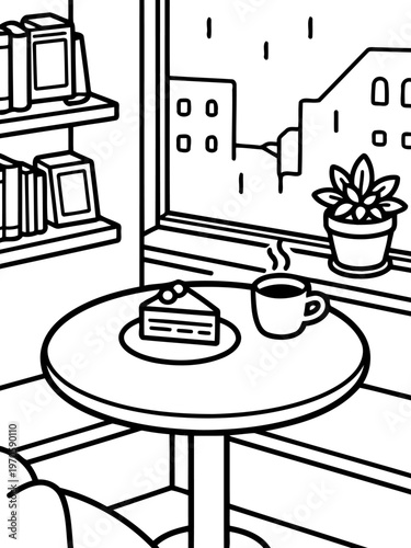 Cozy Cafe Corner: A serene cafe corner illustration. A simple slice of cake and a cup of coffee rest invitingly on a table, beside a window overlooking a cityscape.