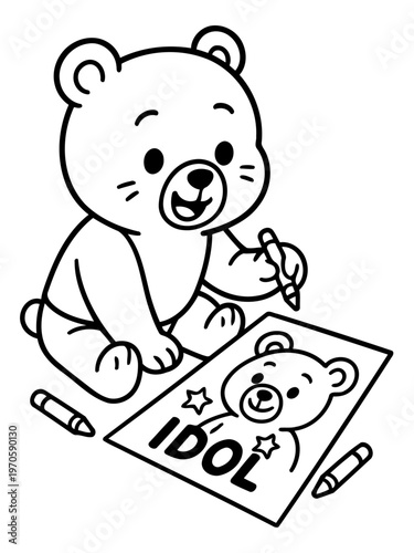 Artistic Bear's Dream: A charming animated bear, engrossed in drawing its own self-portrait as a celebrated idol, expressing pure joy and creative passion.