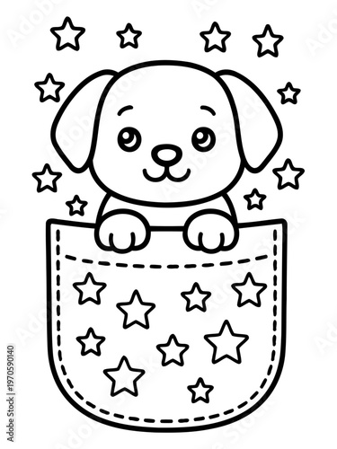 Pocket Pup’s Stellar Presence: A charming cartoon puppy peers out from a star-studded pocket, exuding playful delight and capturing the hearts with its whimsical charm.
