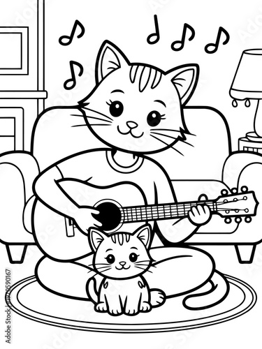 Musical Serenade: A charming illustrated image depicts a musical cat strumming a guitar accompanied by its companion, notes floating in air and creating musical vibes.