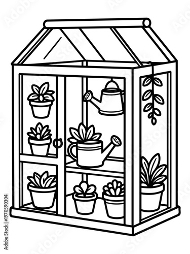 Greenhouse Garden Illustration: An illustration showcasing a charming greenhouse brimming with potted plants, each carefully tended to, creating a serene and idyllic scene.