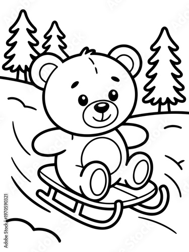 Teddy Bear's Winter Adventure: A delightful cartoon illustration features a cuddly teddy bear joyfully sledding down a snowy hill, surrounded by cheerful pine trees and the crisp.