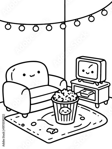 Movie Night Cozy Setup: A charming cartoon-style illustration of a cozy movie night setup, complete with a comfortable armchair, a retro television, and a bucket of popcorn.