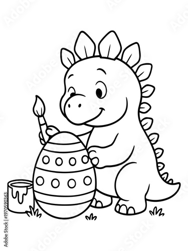 Dino Painting Easter Egg: A cute cartoon dinosaur happily paints a decorated Easter egg with a paintbrush, alongside a paint pot and set in a spring setting. 