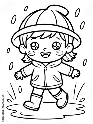 Joyful Rain Play: An enchanting illustration of a happy child joyfully splashing and reveling in the rain, showcasing a delightful depiction of childhood play and carefree enjoyment.