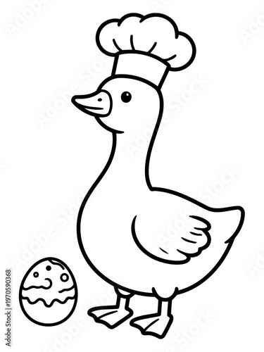 Chef Duck with Egg: A charming illustration depicts a duck, adorned with a chef's hat, standing proudly beside a uniquely decorated egg, setting the stage for culinary creation.