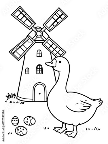 Farmyard Fable: An idyllic scene unfolds where a charming duck stands gracefully near a traditional windmill, while painted eggs lie close by, hinting a rural setting