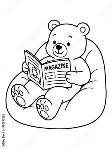 Reading Bear's Quiet Corner: A serene moment captured as a cartoon bear delves into a magazine while relaxing in a cozy beanbag chair, embracing the joy of solitary reading.