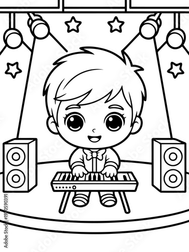 Keyboard Prodigy's Performance: A charming cartoon rendition of a young musician absorbed in the rhythm of a keyboard, set against a stage backdrop.