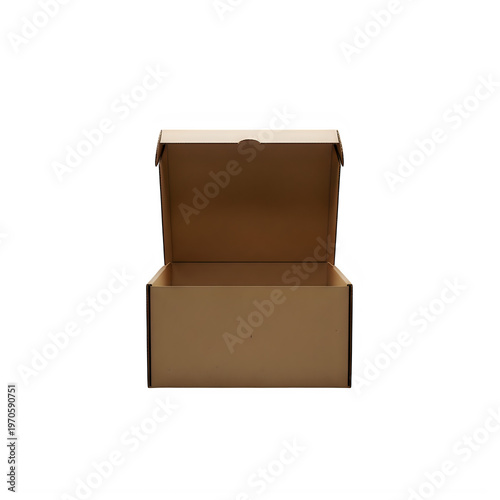 A simple open cardboard box with a lid standing upright ready to be packed with various items for shipping isolated on transparent background