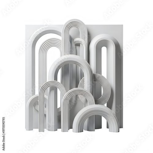 A minimalist composition of layered white architectural arches creating a sophisticated abstract sculptural form with elegant depth and shadow isolated on transparent background