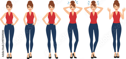 Cartoon woman in red top and blue pants showing multiple emotional expressions and gestures, including stress, frustration, joy, and communication poses for design and education illustrations