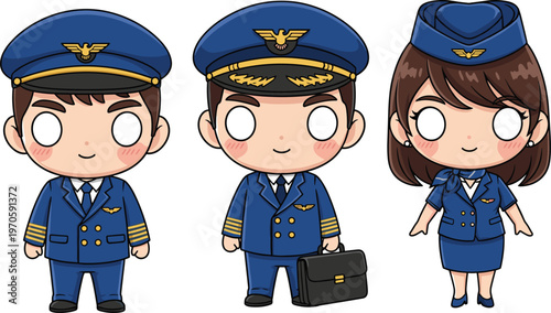 Cartoon-style illustration of airline crew including two male pilots in blue uniforms with hats and one female flight attendant, ideal for aviation, travel, and promotional design.