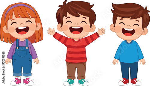 Cheerful cartoon children standing together, smiling and playful, colorful kids illustration for education, friendship, childhood happiness, teamwork, family fun, and creative design projects