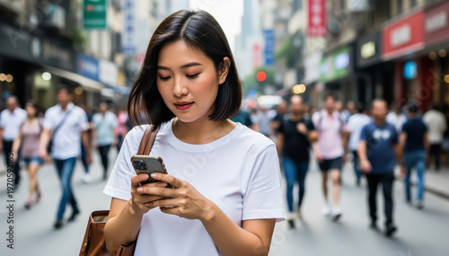 Modern Urban Connectivity: A stylish young woman is engrossed in her mobile phone amidst a bustling city street, a symbol of contemporary communication and urban lifestyle. 