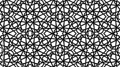 Black and white intricate Islamic geometric tile pattern repeating design.