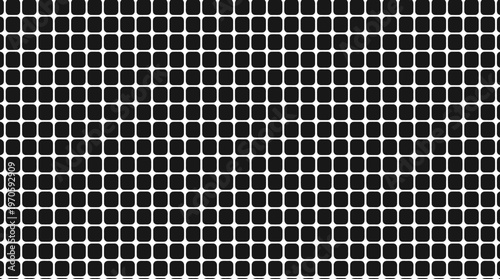 Monochrome geometric grid of rounded square tiles creating repeating pattern.