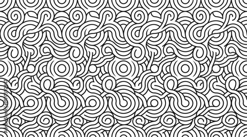Black and white hand-drawn swirl pattern with continuous looping lines and intricate maze-like texture.