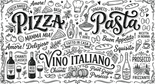Hand drawn italian cuisine doodle art pizza pasta wine and appetizers a culinary delight