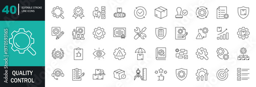 Quality control icon set. Containing evaluation, inspection, product, certificate, quality check, defect, assurance, process, testing, and more. Editable line icons. Vector illustration.
