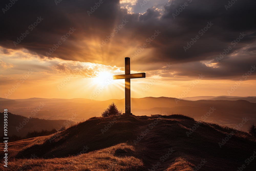 Fototapeta premium Good Friday cross on hill with dramatic sunset and light rays