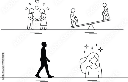Minimal Line Art Relationship and Balance Concept Illustration Set with Couple Love, Walking Man and Self Confidence Woman Vector