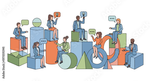 Professional individuals collaborate and brainstorm while sitting on large, colorful geometric shapes representing business data and ideas.