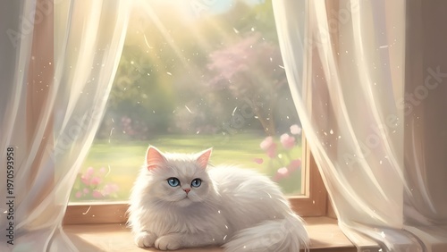 따스한 햇살이 들어오는 창가에서 평화롭게 잠든 하얀 고양이 (A white cat sleeping peacefully by a window with warm sunlight)