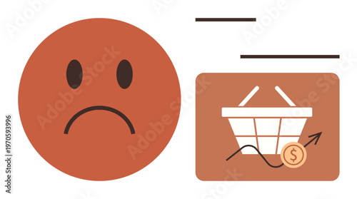 Financial pressure, inflation impact, economic challenges, rising prices, cost analysis, consumer struggle. Frowning face next to basket icon with price arrow. Financial pressure and inflation impact
