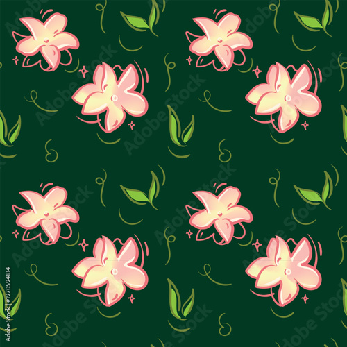 Seamless Frangipani Floral Pattern with Pink and Yellow Flowers on Green Background