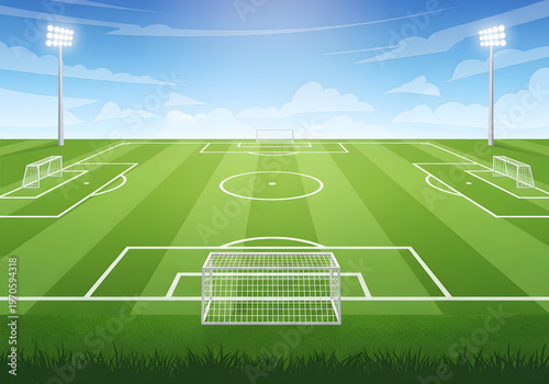Dynamic cartoon illustration of a vast soccer field featuring multiple goals and bright floodlights, ready for competitive play and embodying the spirit of athletic achievement
