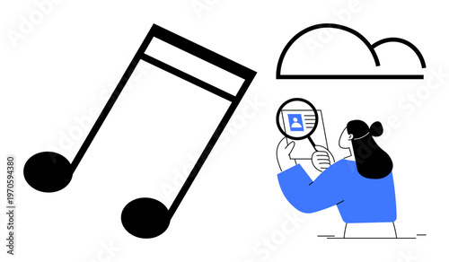 Music technology. Music note symbol with identity verification and cloud icon. Music technology enhancing online identity security in cloud. For audio platforms, cybersecurity, digital apps