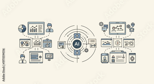 Artificial intelligence concept with interconnected digital icons and devices